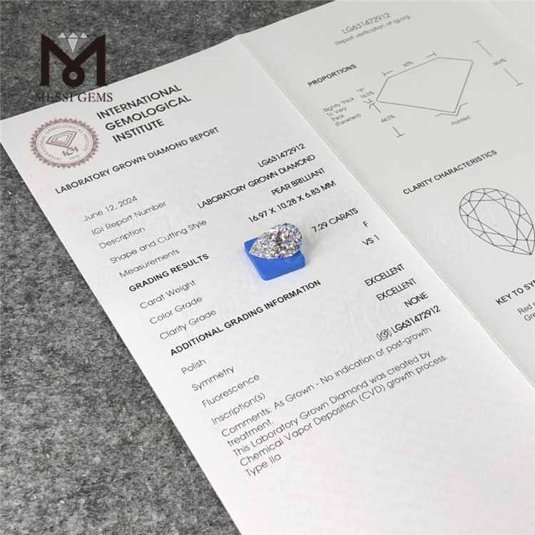 7,29 CT F Birnenförmiger, im Labor gezüchteter Diamant VS1 EX EX CVD LG631472912丨Messigems