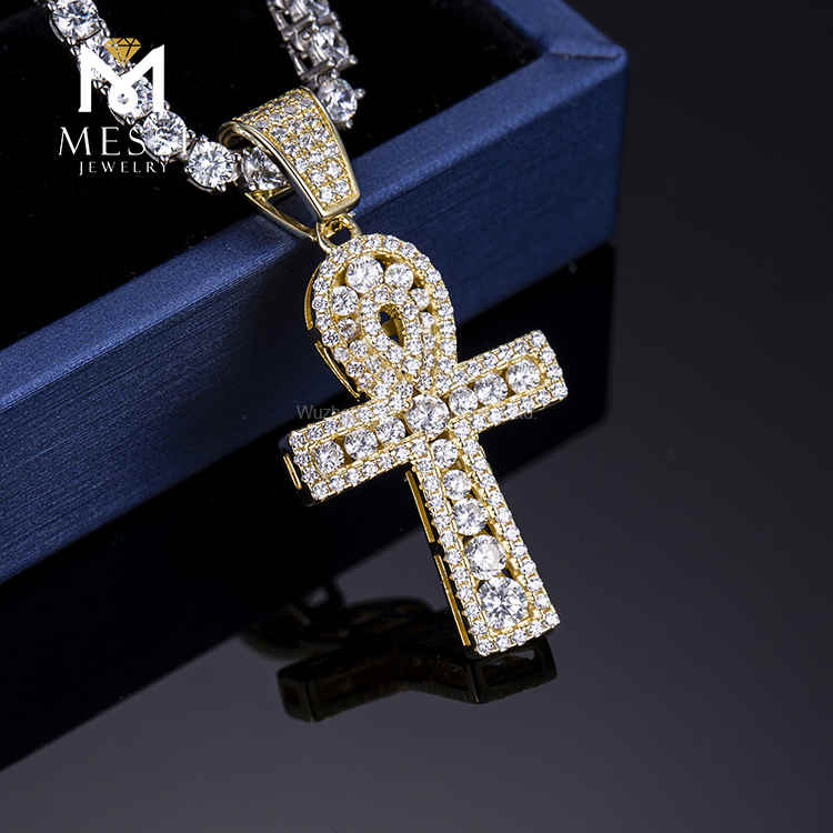 Mode HipHop Geschenke 14k Echtgold Gelbgold Lab Diamant Kreuz Halskette