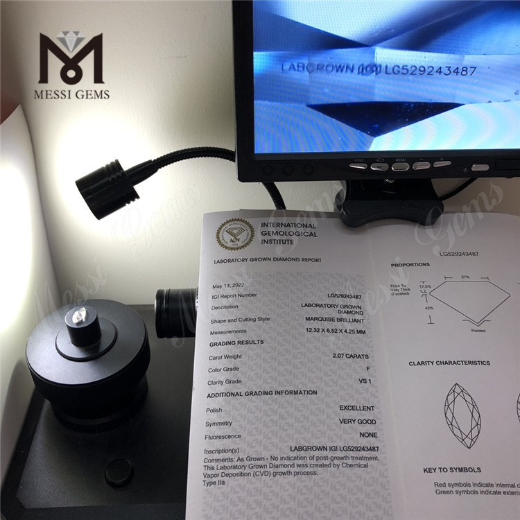 2,07 CT F VS1 EX CVD im Labor gezüchteter Marquise-Diamant IGI-Zertifikat