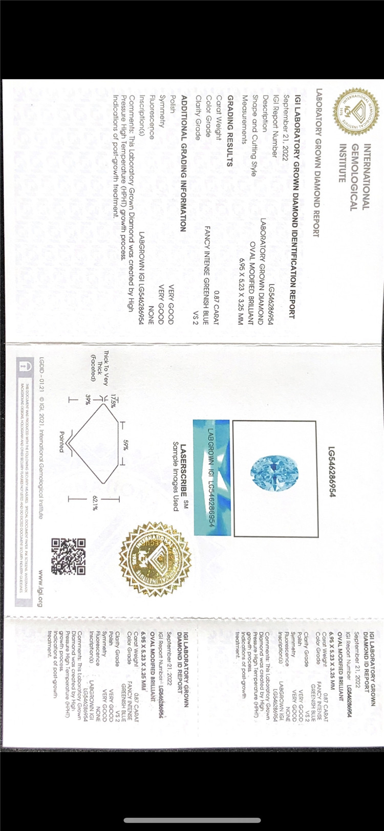 0,87 ct ovale blaue CVD-Diamanten zu verkaufen