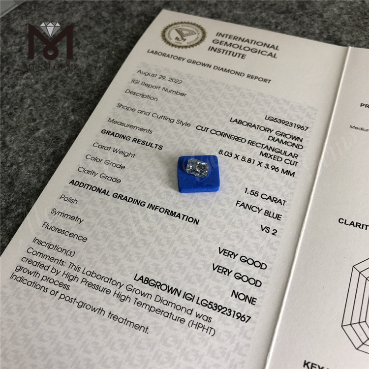 1,55 ct blauer HPHT-Diamant im Großhandel RECHTECKIGE blaue HPHT-Labordiamanten