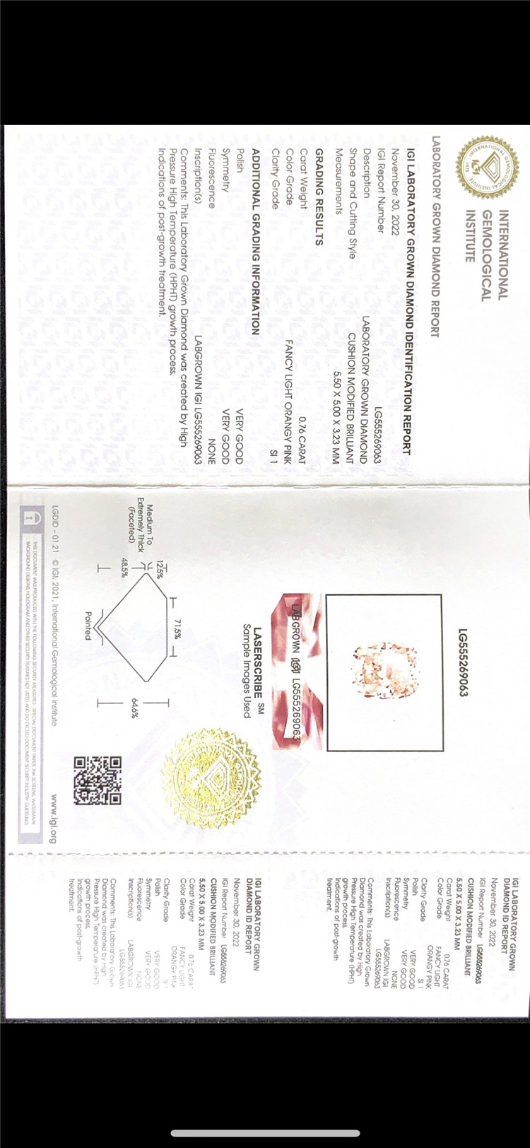Hersteller von rosafarbenen Labordiamanten mit 0,76 ct 