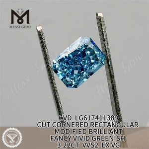 3,22 CT RECHTECKIGER SCHNITT FANCY VIVID GRÜNLICH BLAU VVS2 EX VG CVD Labordiamant LG617411389丨Messigems