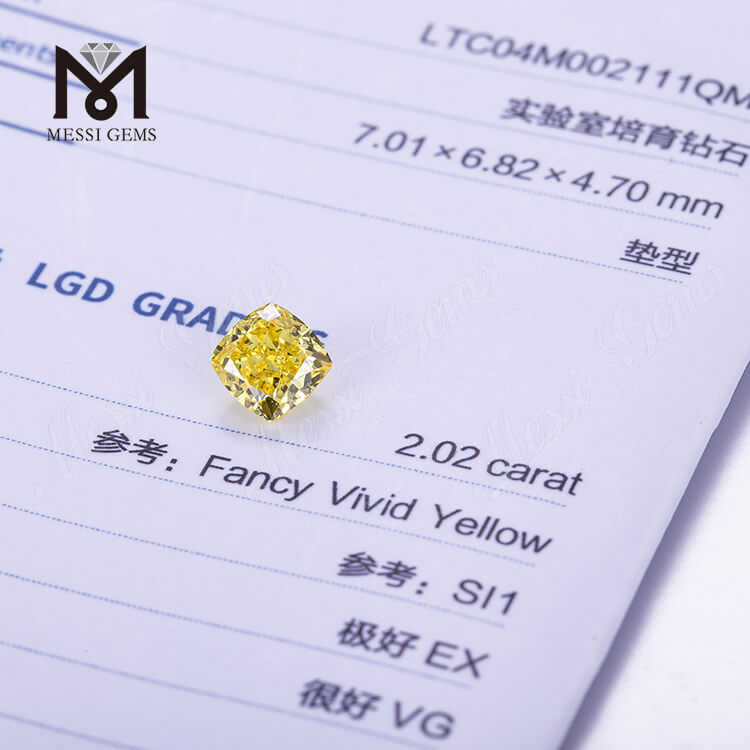 Fancy Vivid Yellow Kissenschliff HPHT 2.02ct Lab-grown Diamanten
